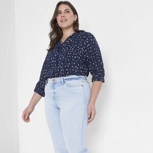 NWT Lane Bryant Navy & White Light Airy Quarter Button Down‎ Coastal Top - 16W